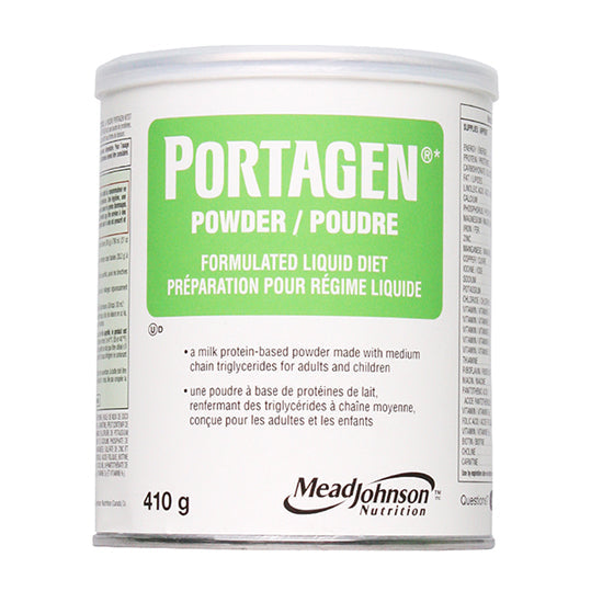 410 gram green and white can of Portagen .