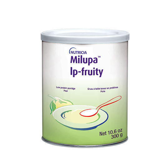 300 gram green and white can of Milupa lp Fruity Cereal Mix - Pear
