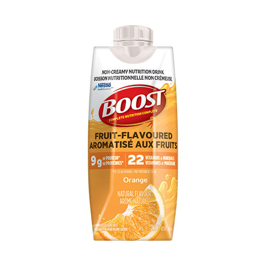 237 mL orange and red tetra pack carton of Boost Fruit Flavoured Orange