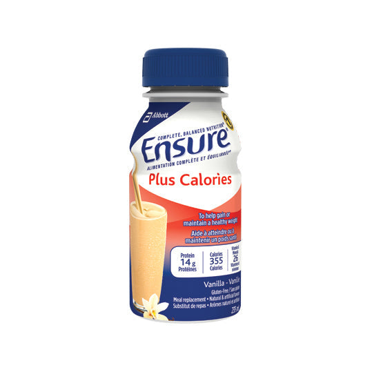 Ensure Plus Calories Vanilla, 235mL per bottle, resealable cap, red packaging.
