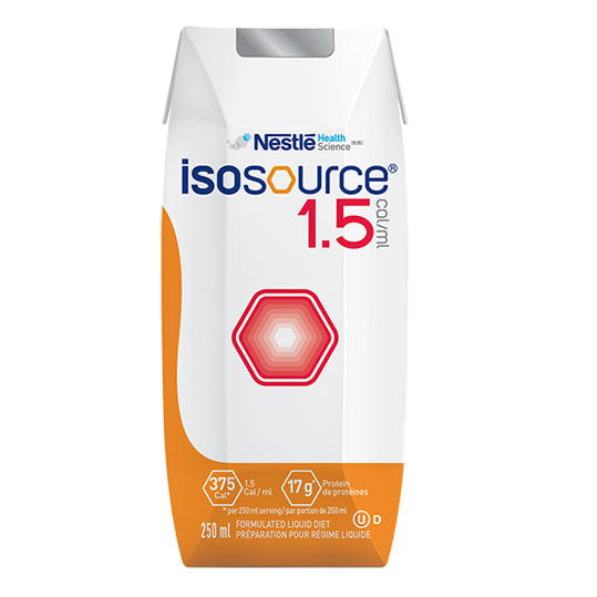 Nestle Isosource 1.5cal/mL (formerly Nutren 1.5 Vanilla), 250 ml per bottle, orange and red packaging.
