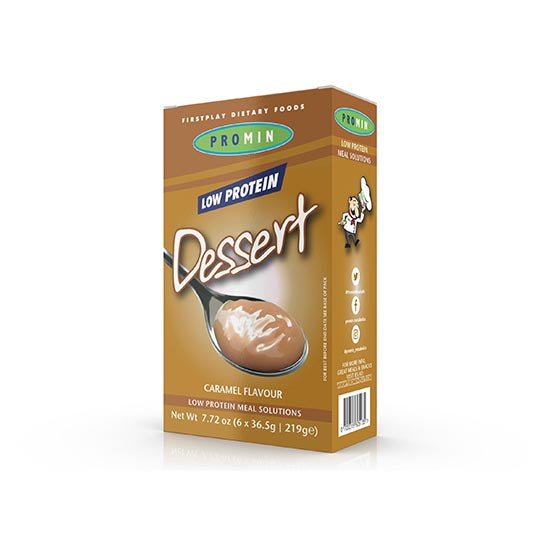 219 gram light brown and green box of Promin Dessert - Caramel