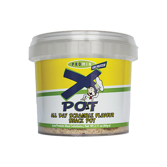 60 gram yellow green and blue container of Promin Xpot - All Day Scramble