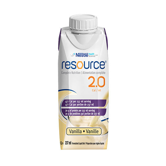 Resource 2.0 Vanilla, 237 mL bottle with resealable cap, white and purple bottle.