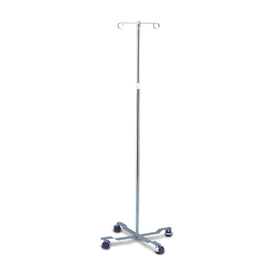 Blue and silver IV pole with 2 hooks.