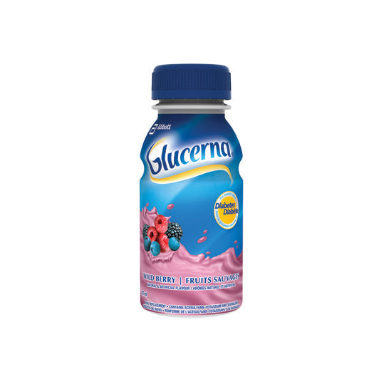 Blue & pink 237ml bottle with twist top of  WildberryGlucerna with 4.1 grams of dietary fibre
