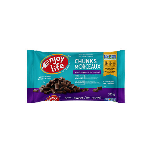 283 gram green and purple bag of Enjoy Life Foods Semi-Sweet Mega Chunks