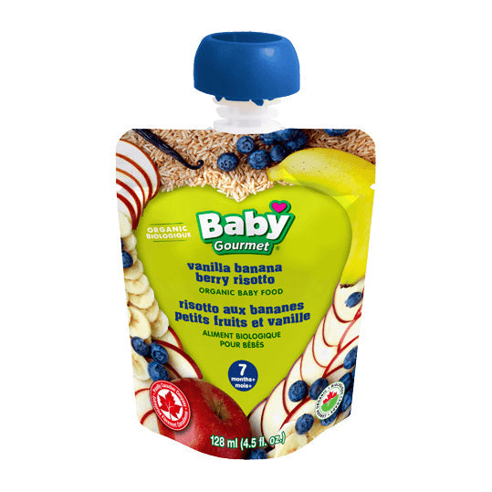 Baby Gourmet organic vanilla banana berry risotto, green packaging with fruit pictured, blue twist off cap, 128mL.