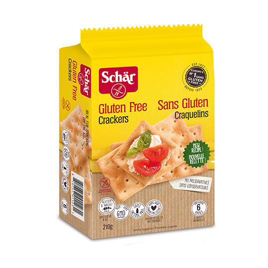 210 gram yellow and brown bag of Schar Crackers