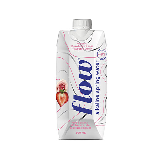 500 mL pink and white tetra pak carton of Flow Alkaline Spring Water - Strawberry & Rose