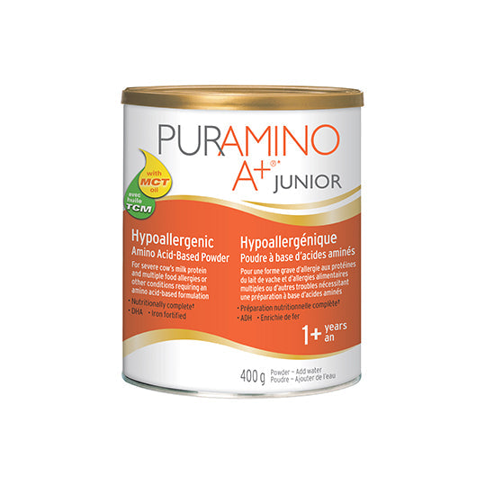 Orange and white can with gold lid, 400g of Puramino A+ Junior.