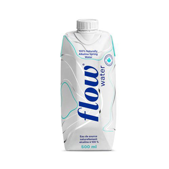 500 mL white and blue tetra pak carton of Flow Alkaline Spring Water