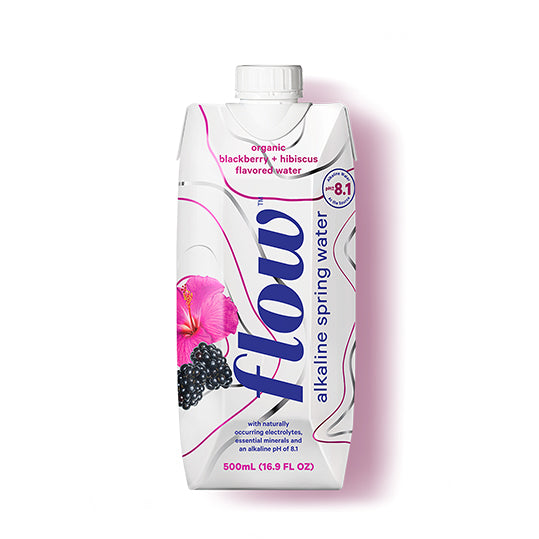 500 mL pink and white tetra pak carton of Flow Alkaline Spring Water - Blackberry Hibiscus
