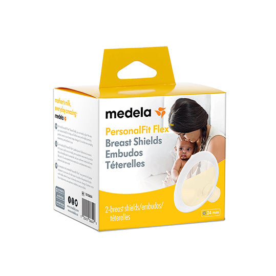 Medela PersonalFit Flex Breast Shields 24mm box, white and yellow packaging.