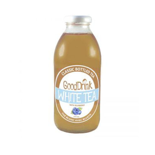 473 mL blue and white bottle of GoodDrink White Tea with Blueberry