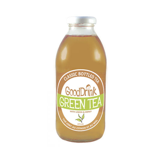 473 mL green and white bottle of GoodDrink Green Tea with Lemon & Honey