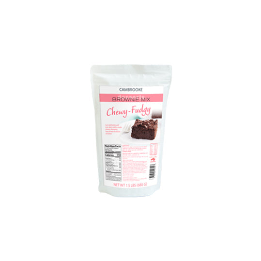 680 gram pink and white bag of Cambrooke Chewy Fudgy Brownie Mix