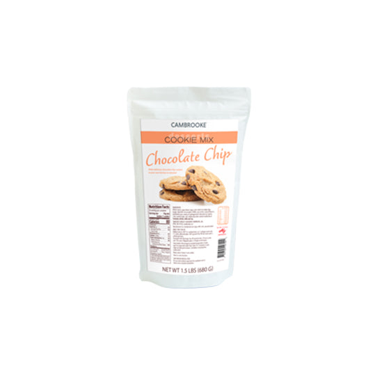 680 gram orange and white package of Cambrooke Chocolate Chip Cookie Mix