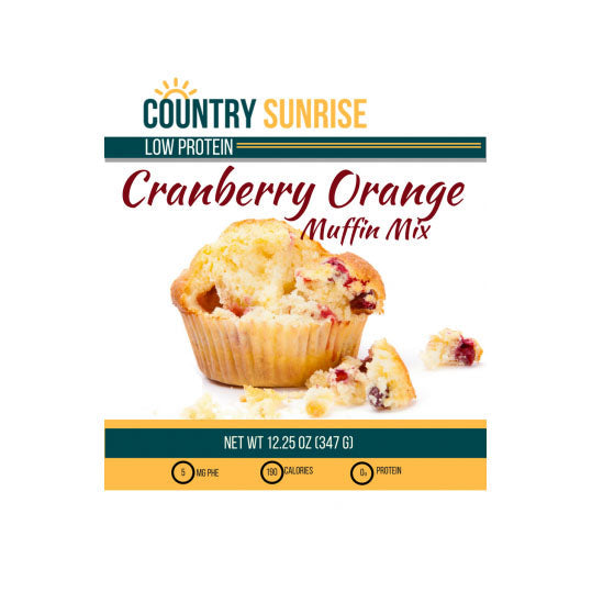 347 gram yellow and green package of Country Sunrise Cranberry Orange Muffin Mix