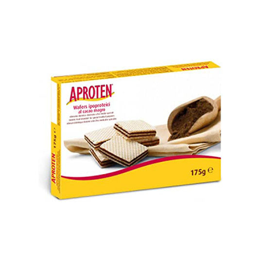 175 gram yellow red and white box of Aproten Chocolate Wafers