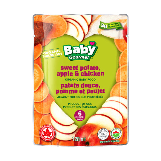 Baby Gourmet organic baby food, sweet potato, apple and chicken, green packaging with fruit and vegetables pictured, tear pouch, 128mL.