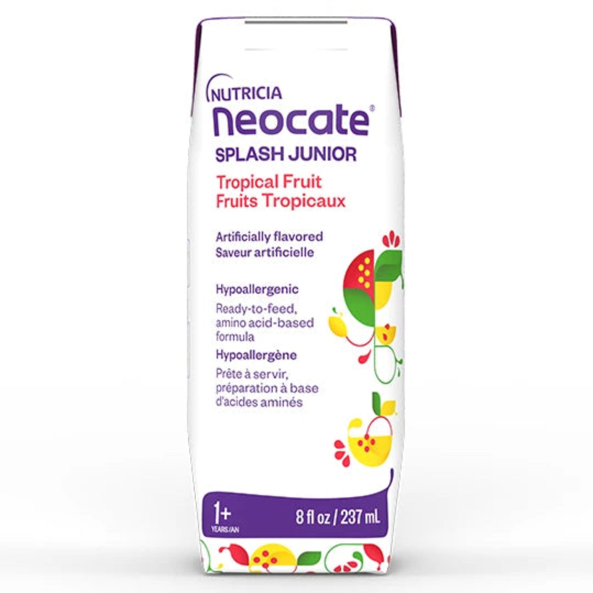 A 237 mL tetra of Nutricia Neocate Splash Junior Tropical Fruit hypoallergenic ready-to-feed formula, featuring a white carton with purple text and colorful tropical fruit illustrations.