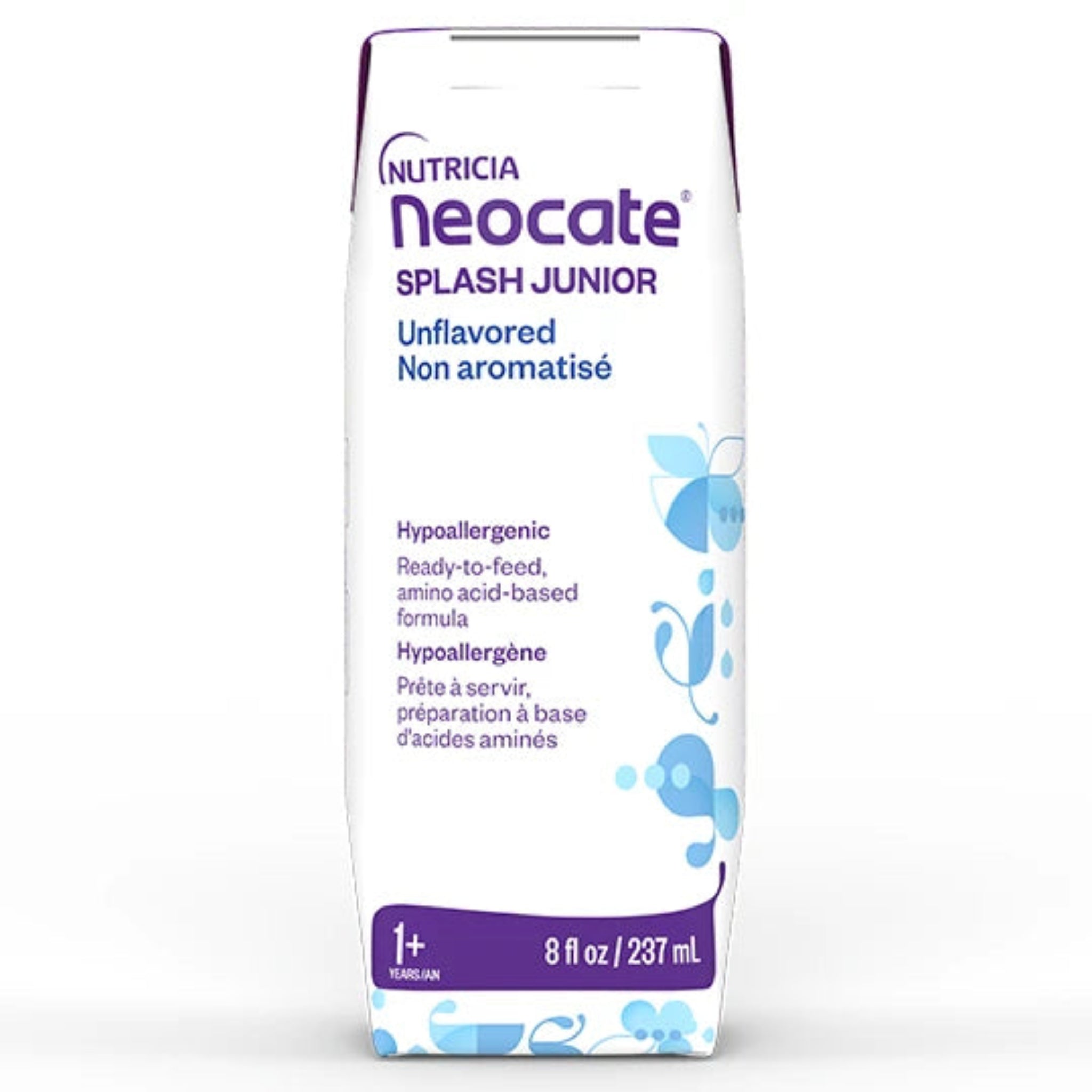 A carton of Nutricia Neocate Splash Junior unflavored, hypoallergenic formula, 8 fl oz / 237 mL, shown on a clean white background.