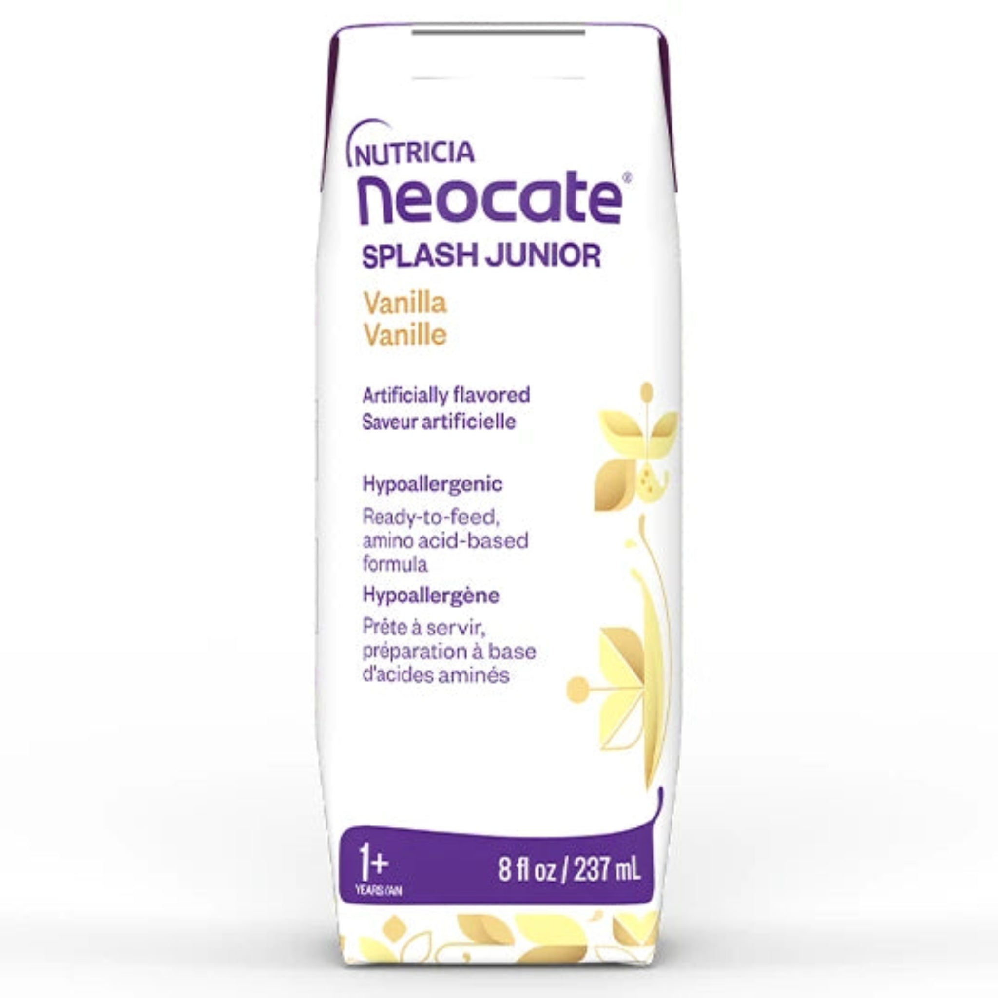 Tetra of Neocate Splash Junior Vanilla, hypoallergenic formula on a white background.