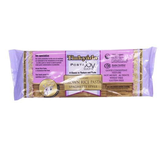 pink & purple bag of Tinkyada spaghetti brown rice pasta