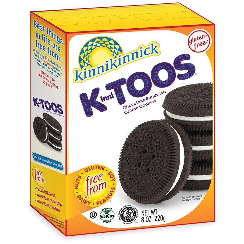 220 gram yellow and white box of Kinnikinnick KinniToos Chocolate Vanilla Sandwich Cookies
