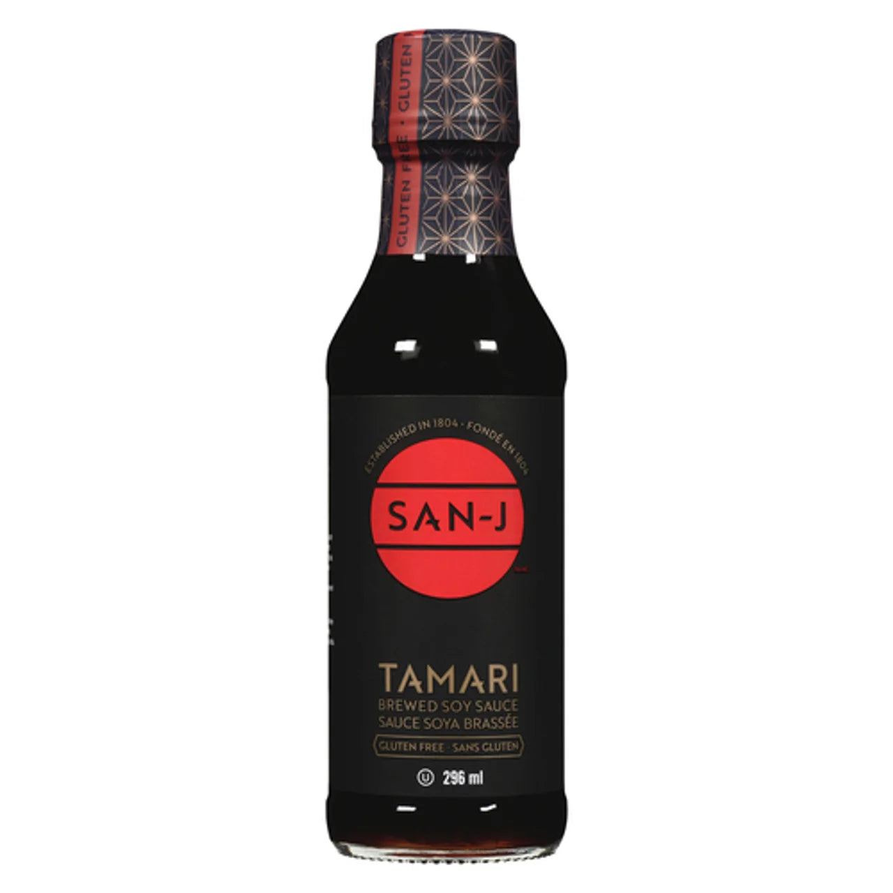 296 mL black and red bottle of San-J Tamari Sauce