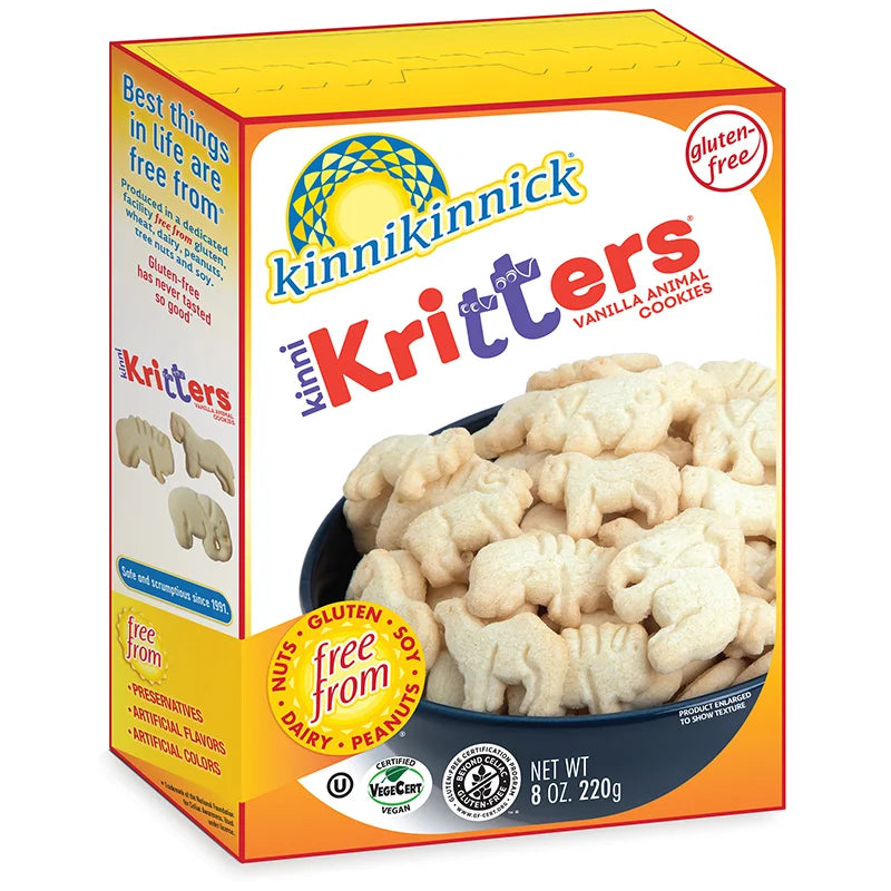 220 gram yellow and white box of Kinnikinnick KinniKritters Animal Cookies