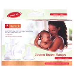 Ameda Custom Breast Flanges XL/XXL box, white, green, and red packaging, orange Ameda logo.