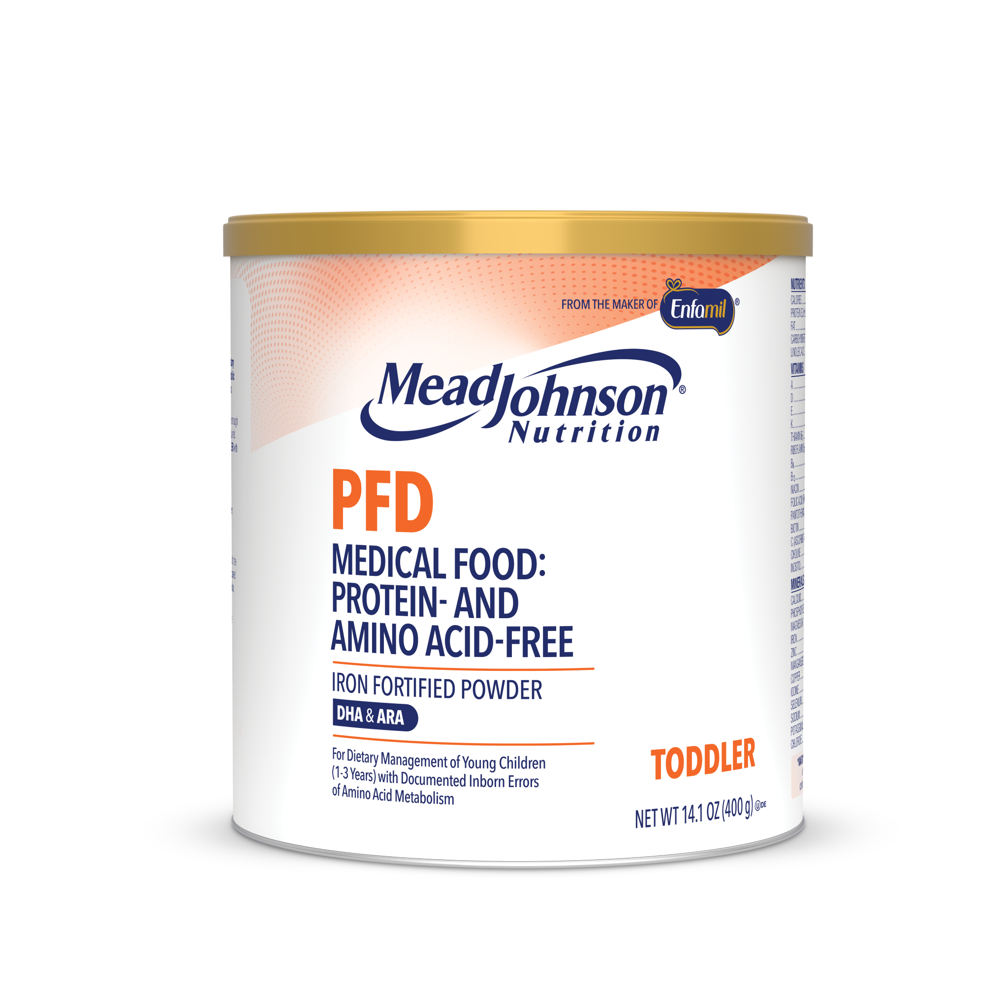 A canister of Mead Johnson Nutrition PFD Iron Fortified Powder for toddlers, featuring a white label with blue and orange text and a gold lid, set against a plain white background.