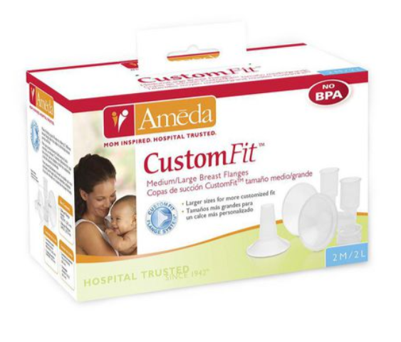 Ameda Custom Breast Flanges M/L box, white, green, and red packaging, orange Ameda logo.