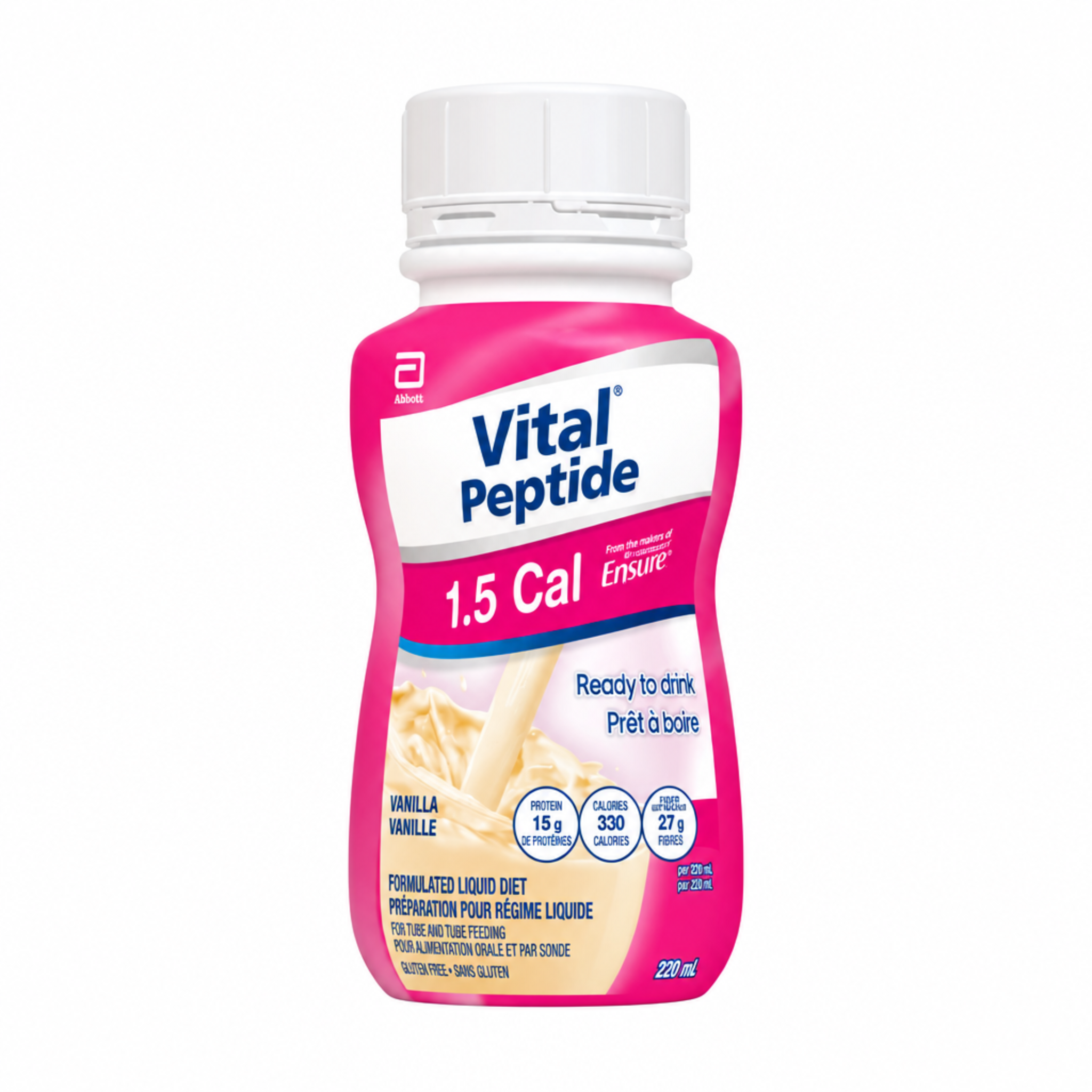 A bottle of Vital Peptide 1.5 Cal Ready-to-drink liquid meal replacement in Vanilla Vanilla flavor, featuring a pink and white label with a white cap, shown on a clean white background.