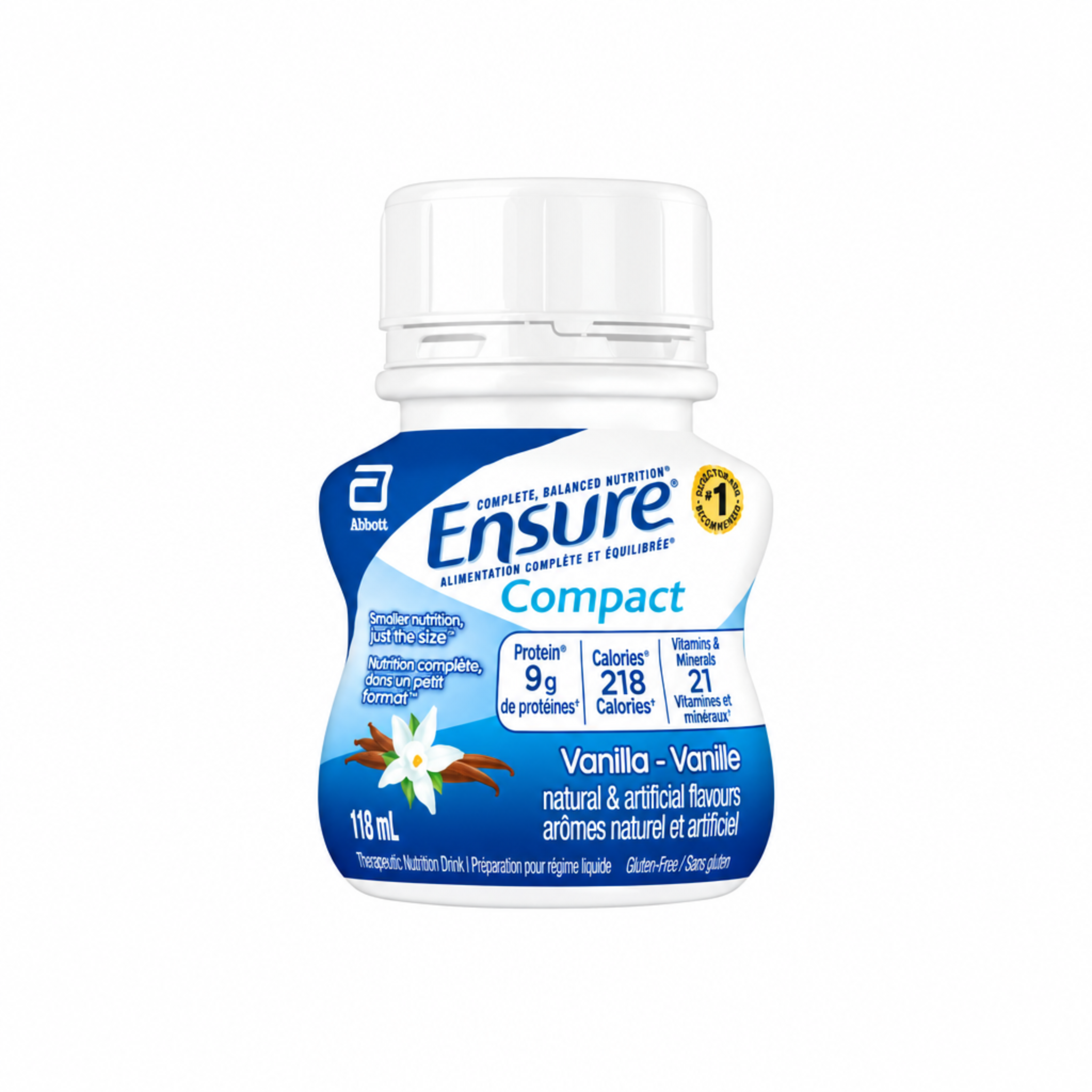 Ensure Compact Vanilla protein powder in a 118 mL white bottle with a blue and white label, shown on a plain white background.