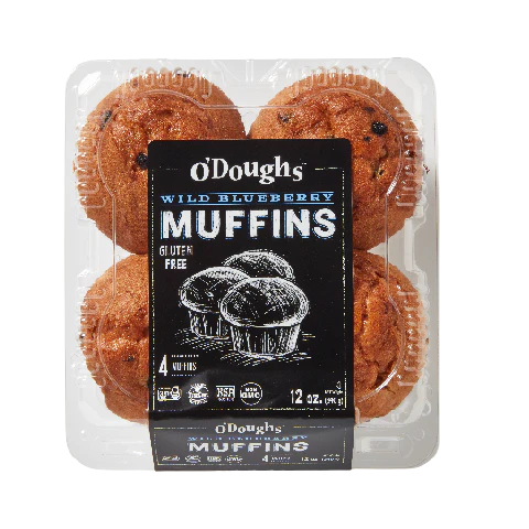 3740 black and blue container of O'Dough's Blueberry Muffins