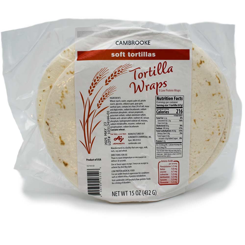 Clear and red 432 gram package of Cambrooke soft tortillas.