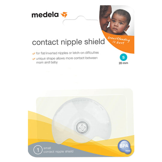 Medela Contact Nipple Shield 20mm, white and ywllow packaging, one small clear nipple shield.