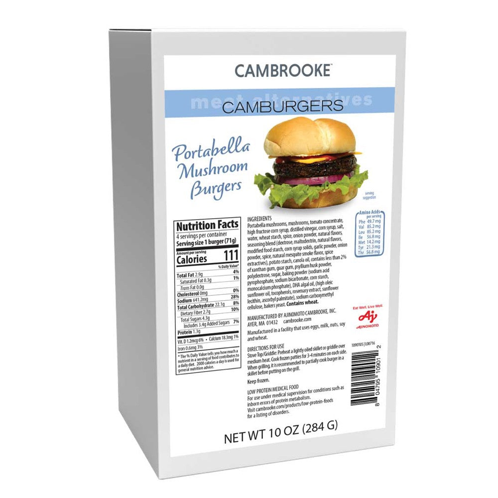 Blue and white 284 gram box of Cambrooke Portabella Mushroom Burgers with ingredients and nutritional label on the front. 