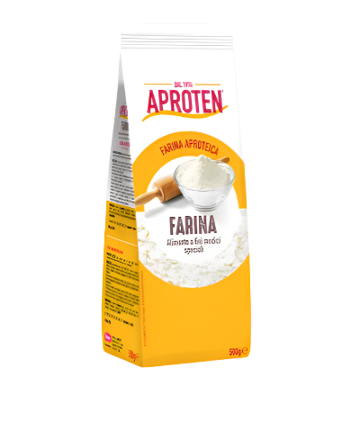 Yellow and white 500 gram package of Aproten Farina flour. 