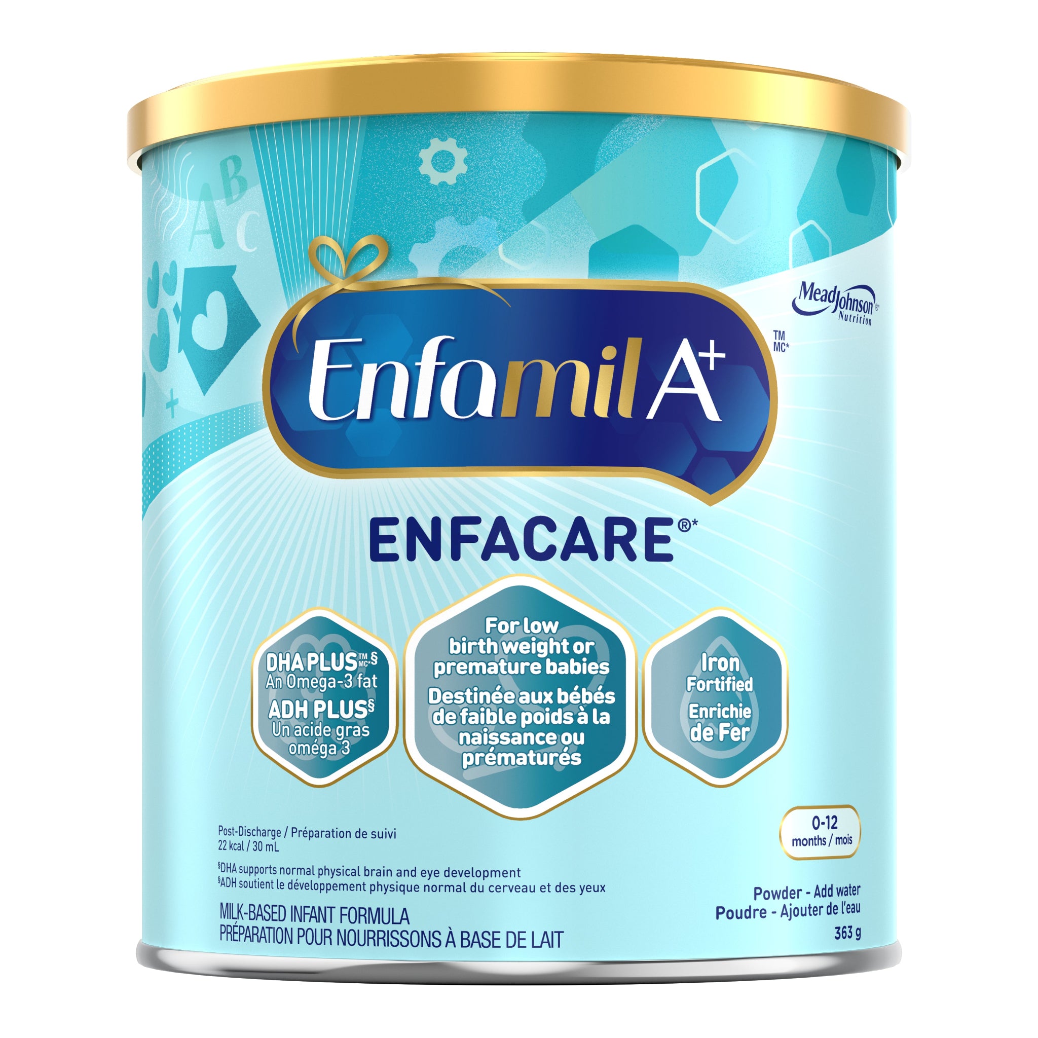 A canister of Enfamil A+ Enfacare infant formula powder, featuring a light blue and white design with a gold lid, on a plain white background.