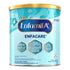 A canister of Enfamil A+ Enfacare infant formula powder, featuring a light blue and white design with a gold lid, on a plain white background.