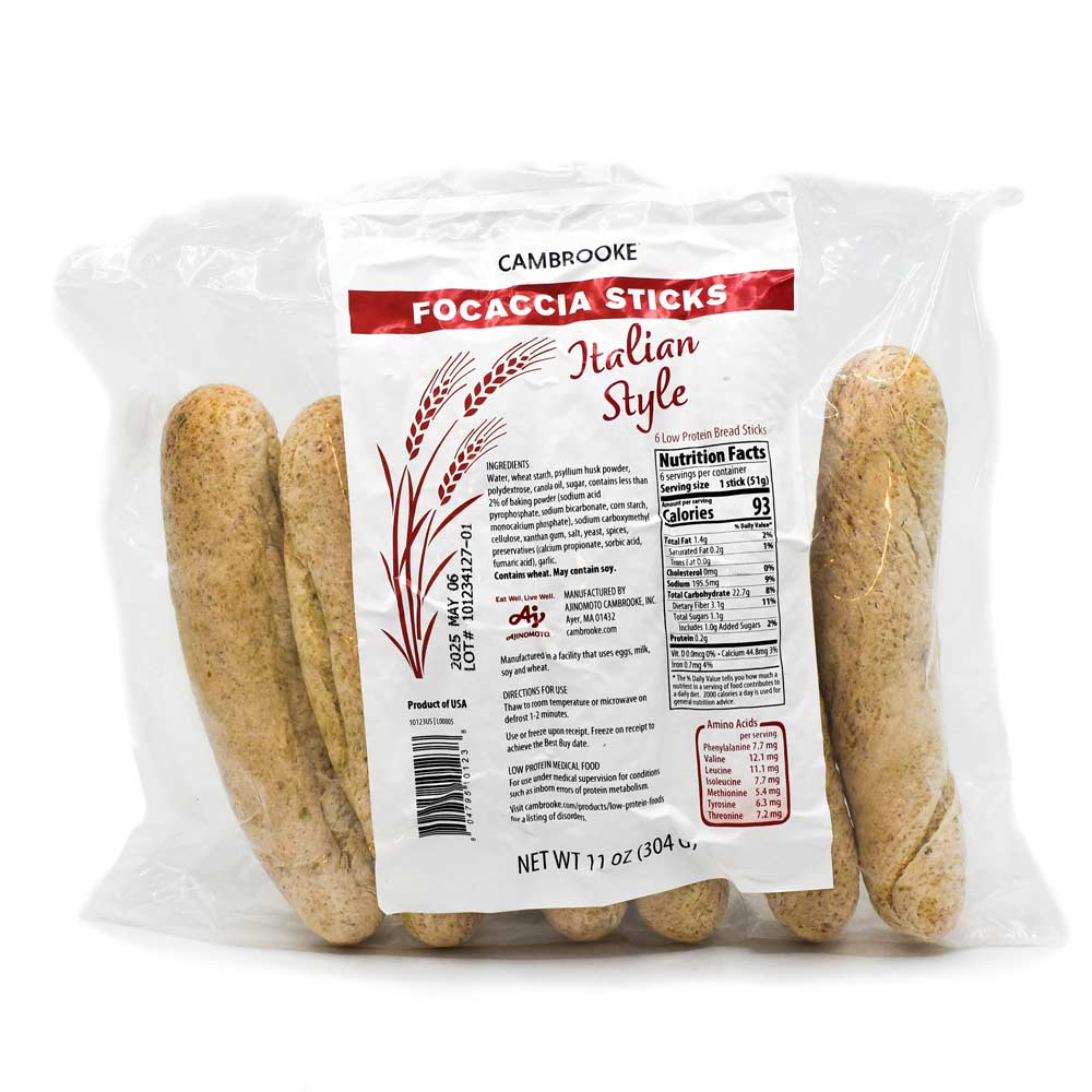 Packaged 304 gram Italian-style focaccia sticks with a clear plastic wrap on a white background.