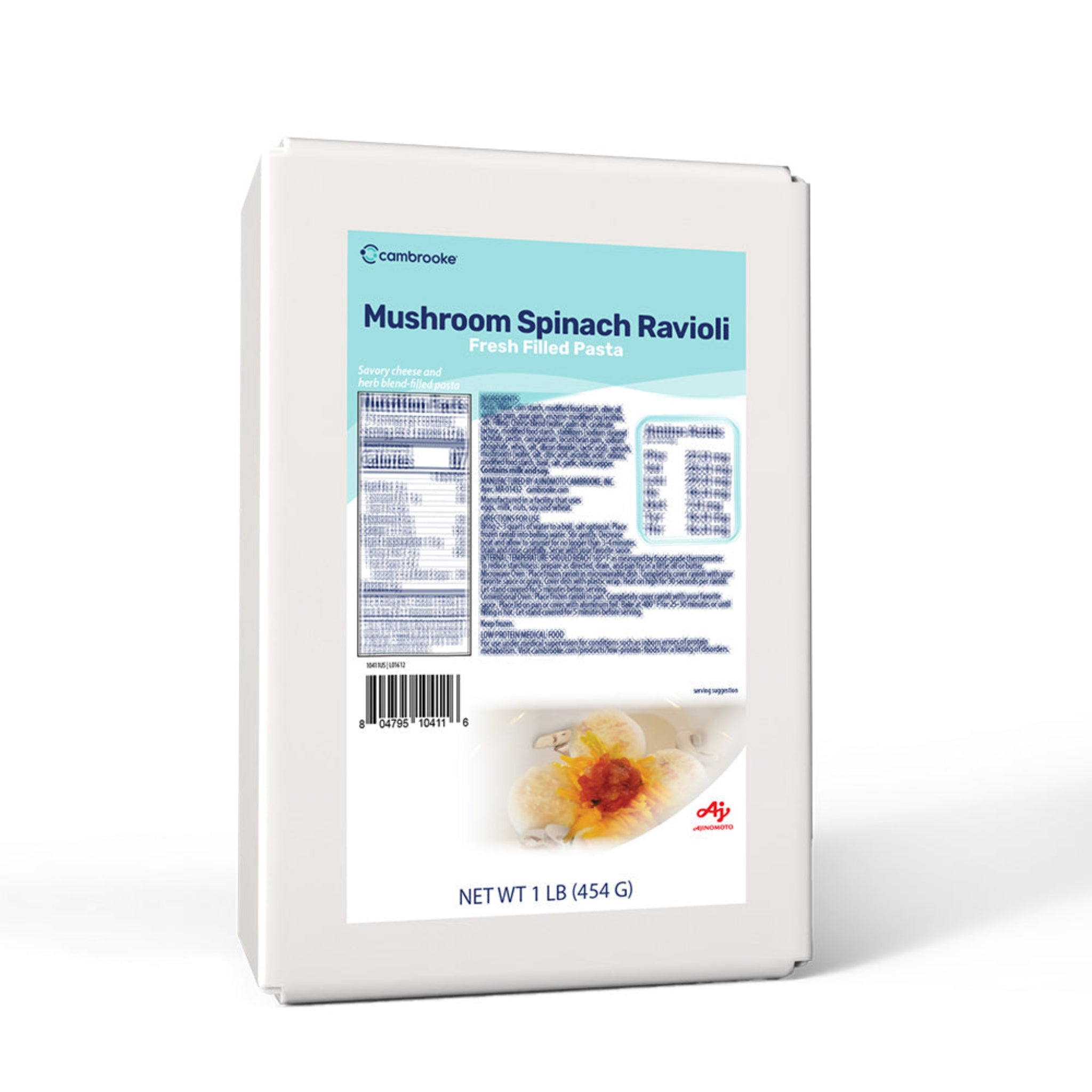 Package of Cambrooke Mushroom Spinach Ravioli with a blue label on a white background