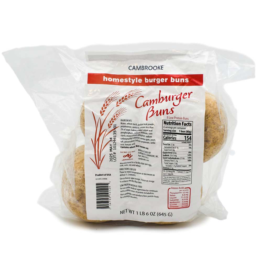 Packaged 645 gram Cambrooke homestyle burger buns with label on a white background.