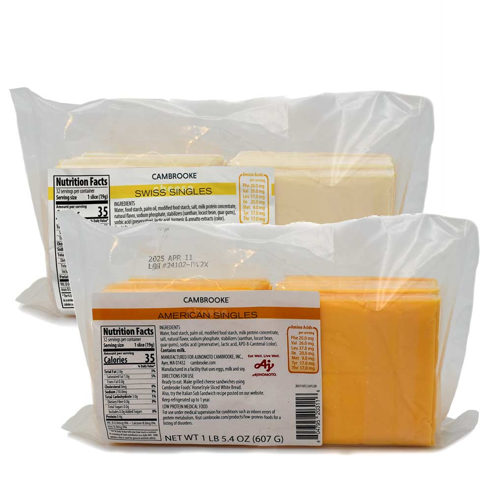Two packages of cheese slices with  nutritional labels on a white background.