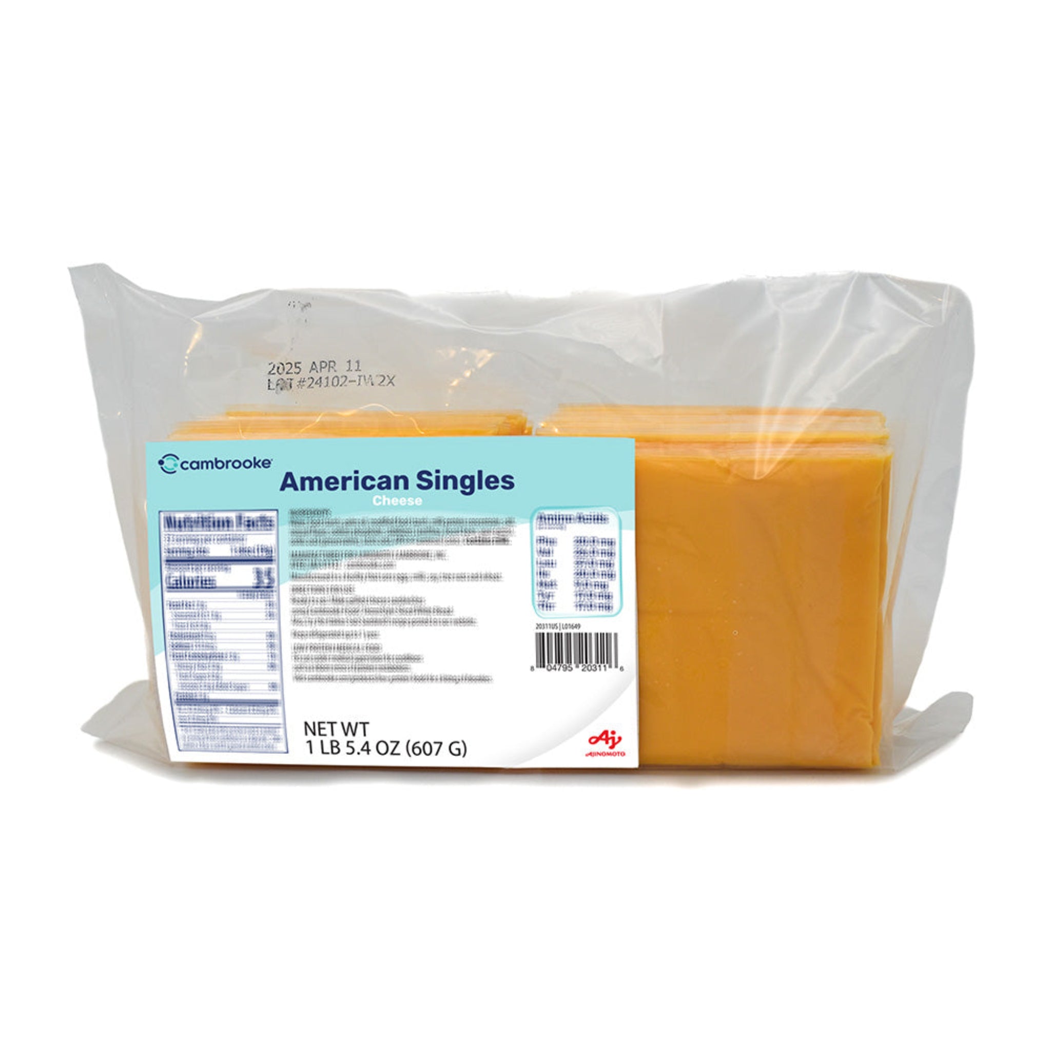 Package of Cambrooke American Singles cheese with a clear plastic wrap on a white background