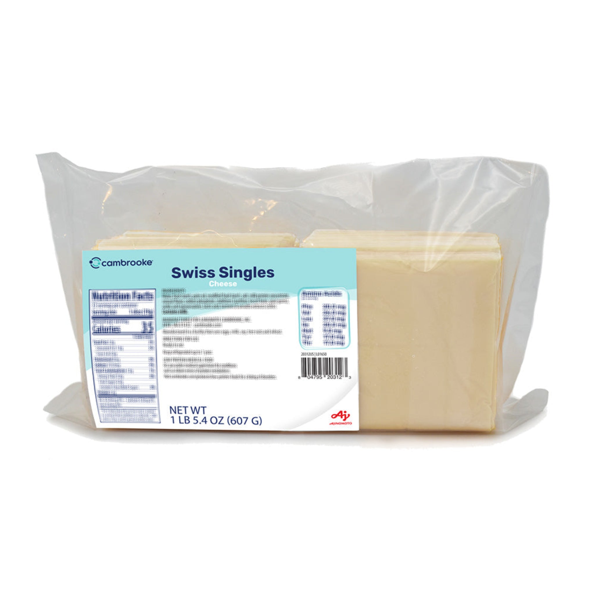 Packaged Cambrooke Swiss cheese with a label on a white background